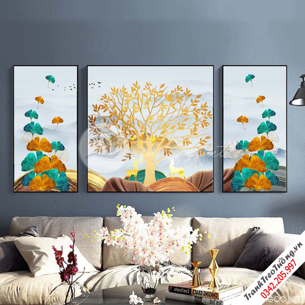 Tranh bộ 3 bức cây tuần lộc vàng, hươu và lá sắc màu trừu tượng-SLH-133