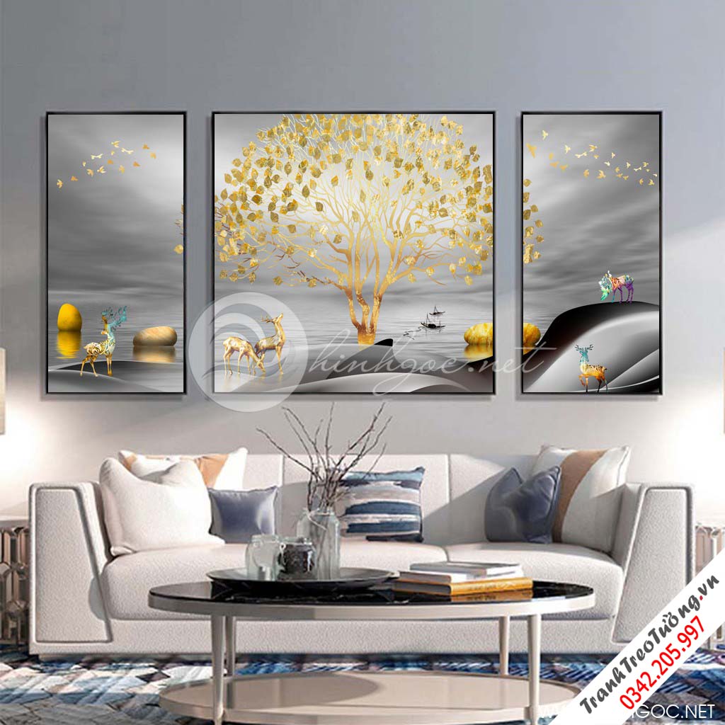 Tranh bộ 3 bức hươu, cây tuần lộc vàng, đá cuội trừu tượng-SLH-138