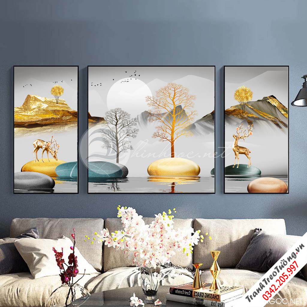 Tranh bộ 3 bức hươu đứng trên đá cuội và cây tuần lộc-SLH-143