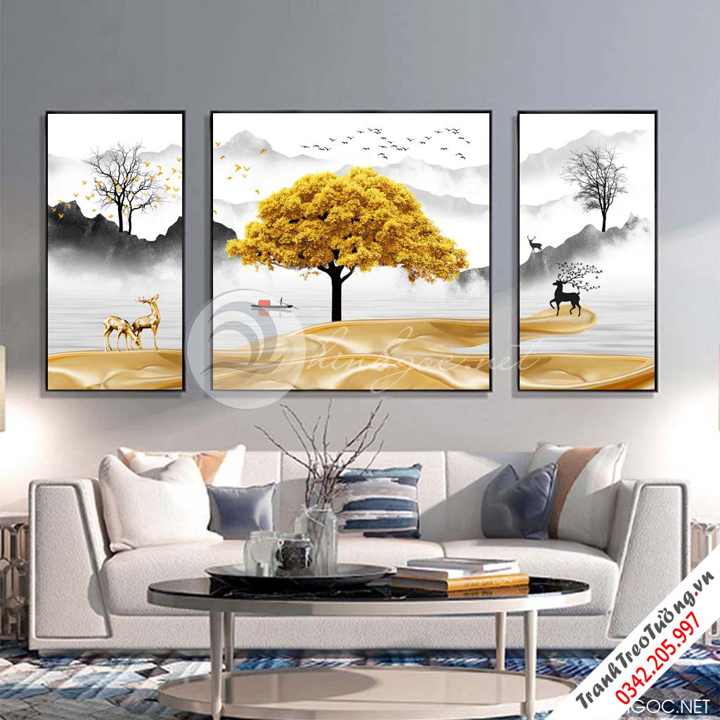 Tranh bộ 3 bức cây tuần lộc vàng, hươu trừu tượng-SLH-145