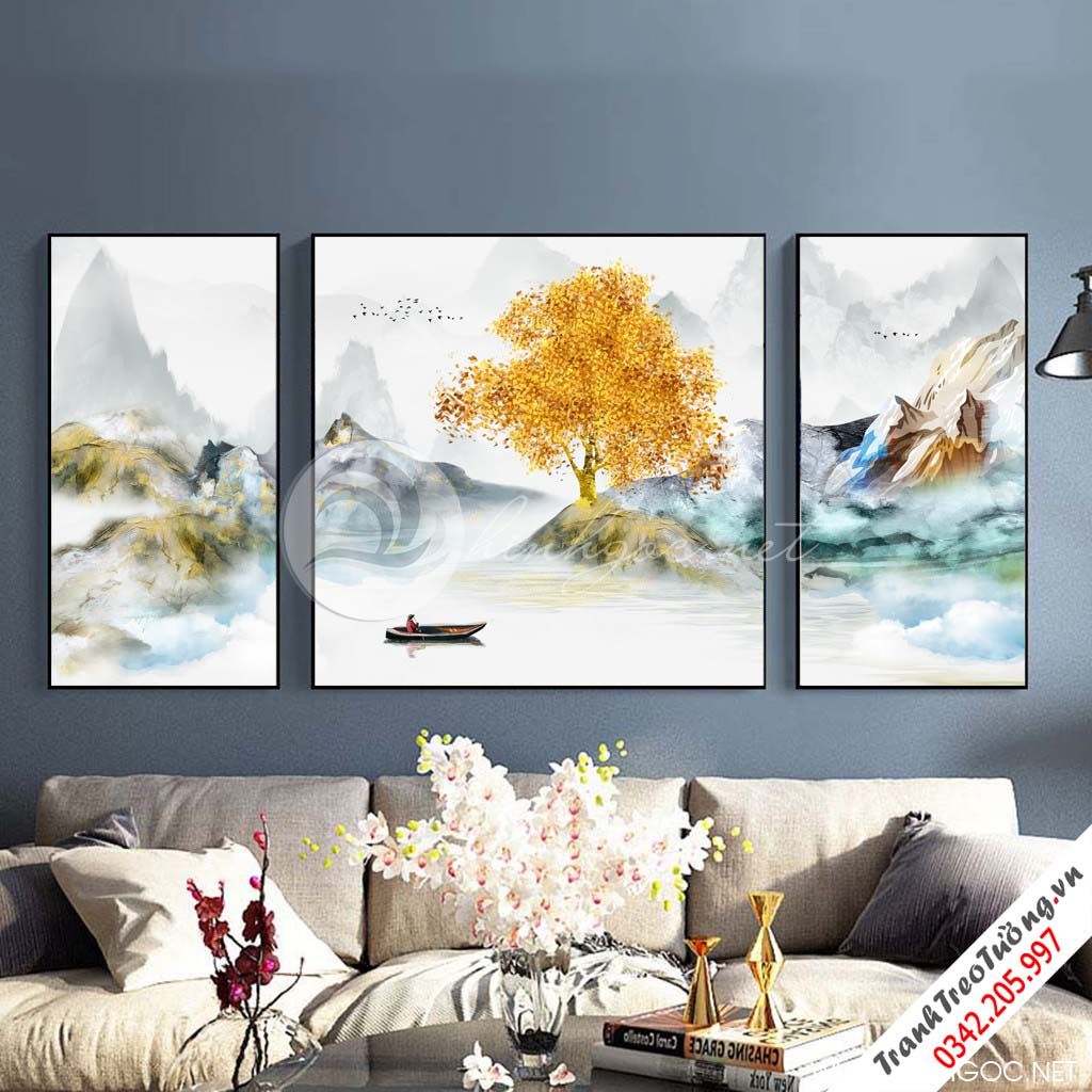Tranh bộ 3 bức cây tuần lộc vàng, dãy núi trừu tượng-SLH-146