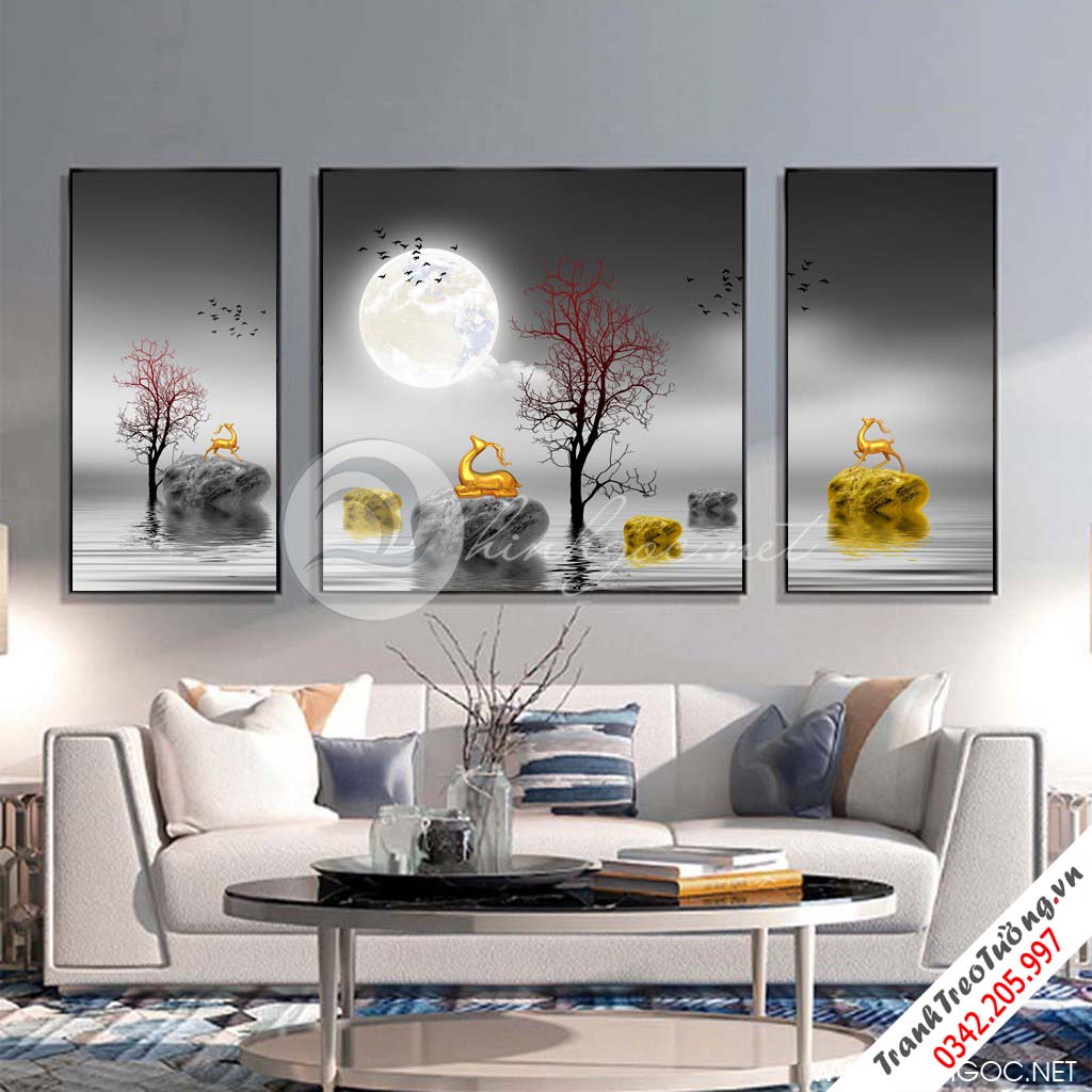 Tranh bộ 3 bức hươu vàng đứng trên đá cuội và cây tuần lộc-SLH-148