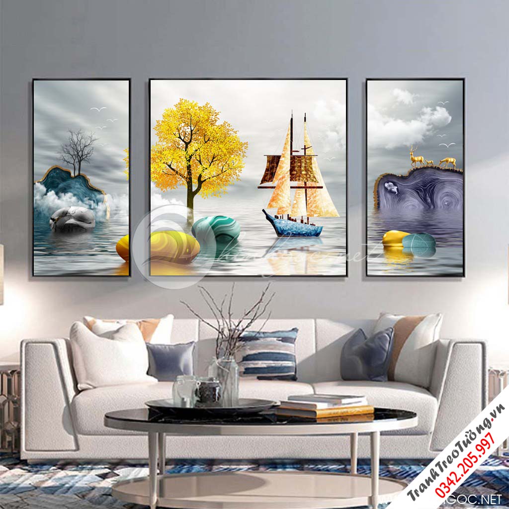Tranh bộ 3 bức ghép cây tuần lộc, đá cuội, thuận buồn xuôi gió-SLH-149