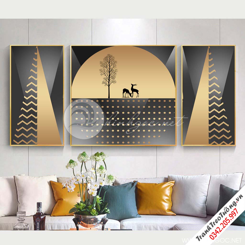 Tranh bộ 3 bức đôi hươu và hình học họa tiết-SLH-23