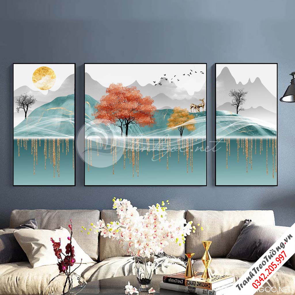Tranh bộ 3 bức hươu và cây, dãy núi trùng điệp-SLH-56