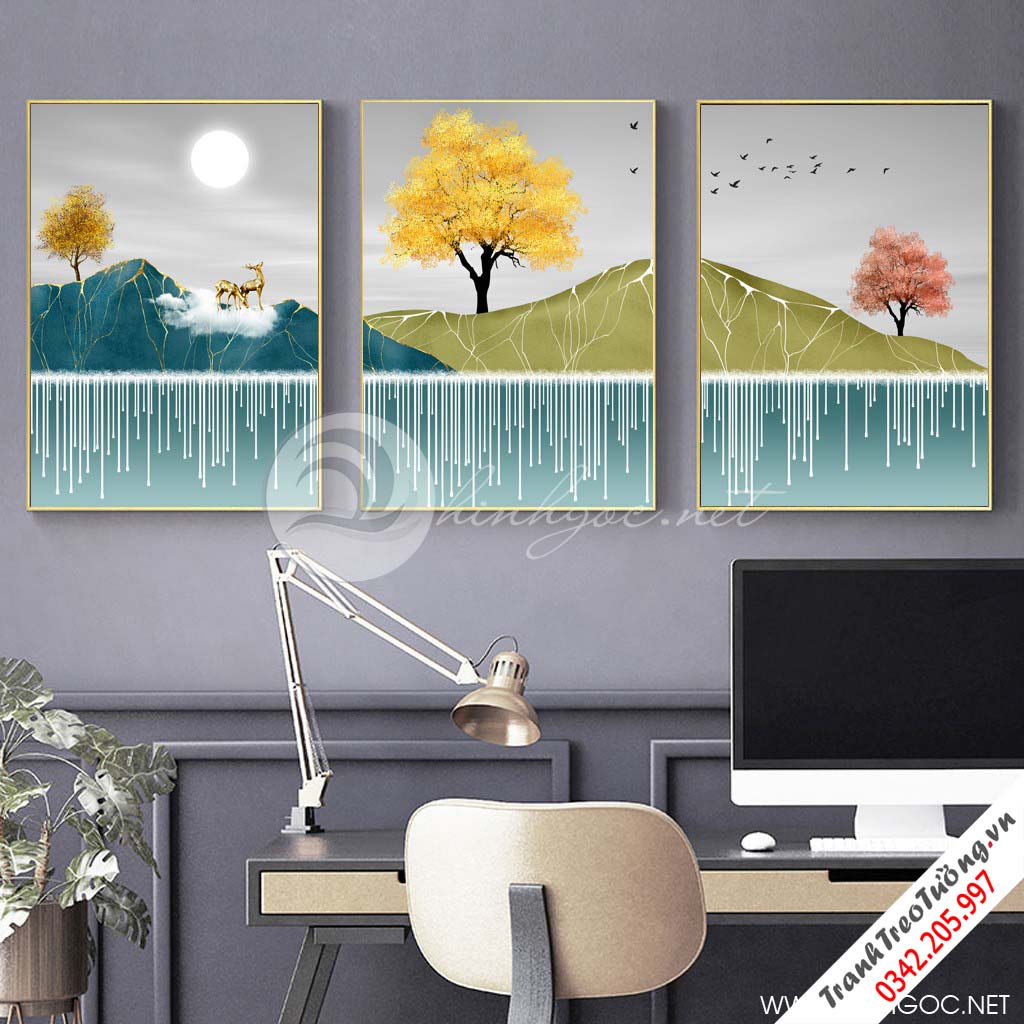 Tranh bộ 3 bức dãy núi trùng điệp, hươu, cây tuần lộc-SLH-59