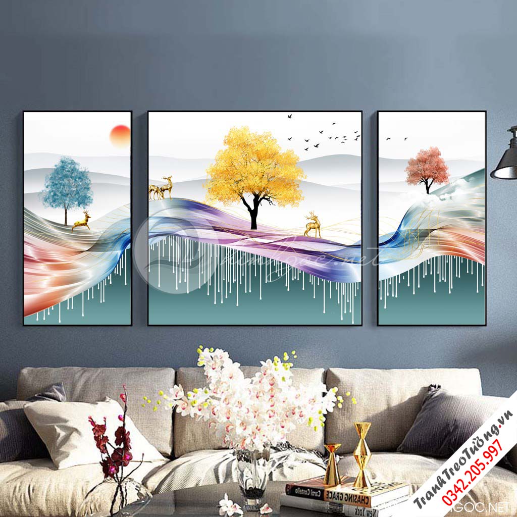Tranh bộ 3 bức dải vân và dãy núi trùng điệp-SLH-63