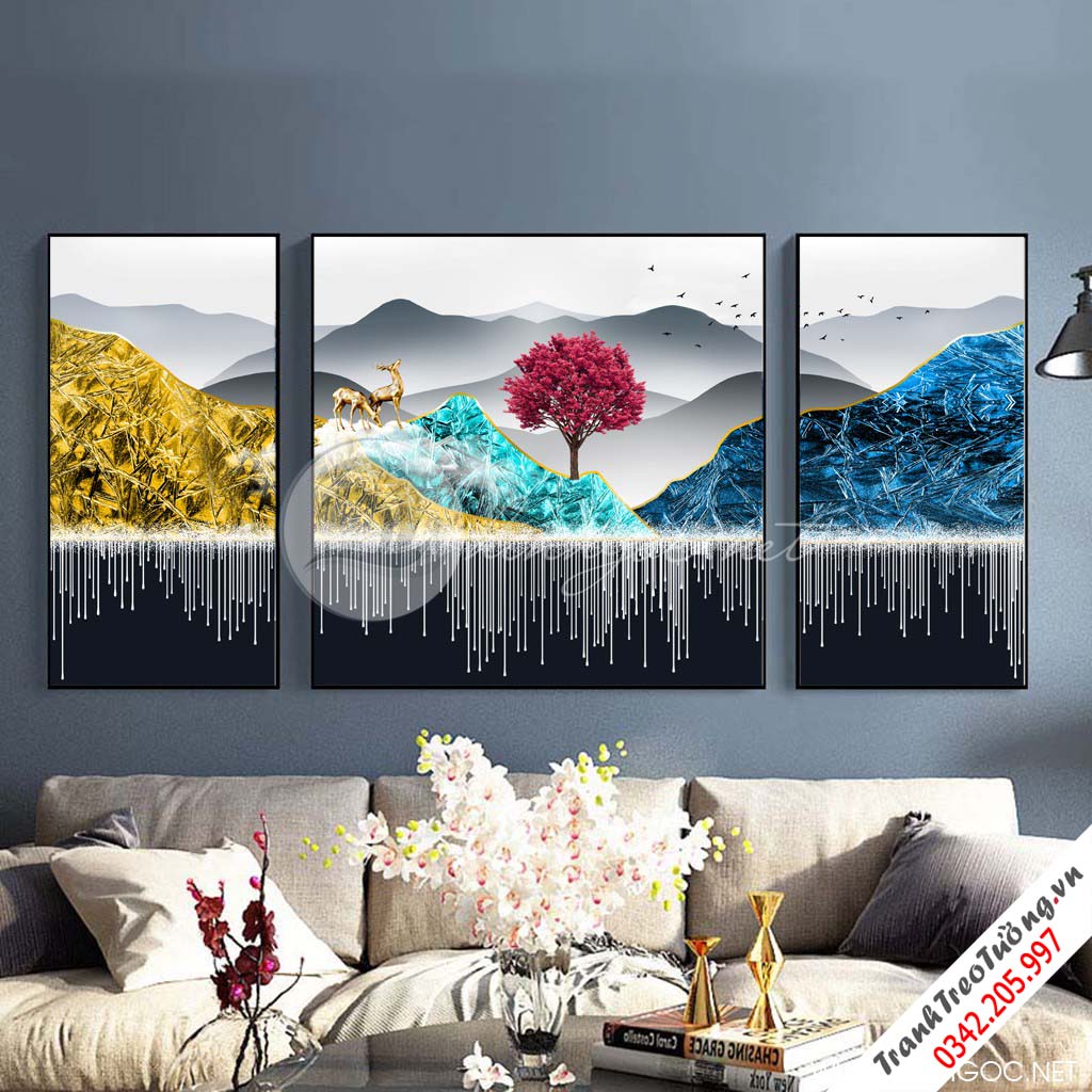 Tranh bộ 3 bức dải vân và dãy núi trùng điệp, cây lộc màu đỏ-SLH-64