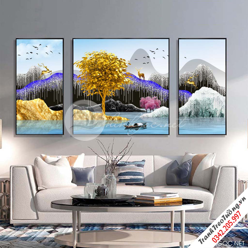 Tranh bộ 3 bức dãy núi trùng điệp, cây, hươu vàng-SLH-71