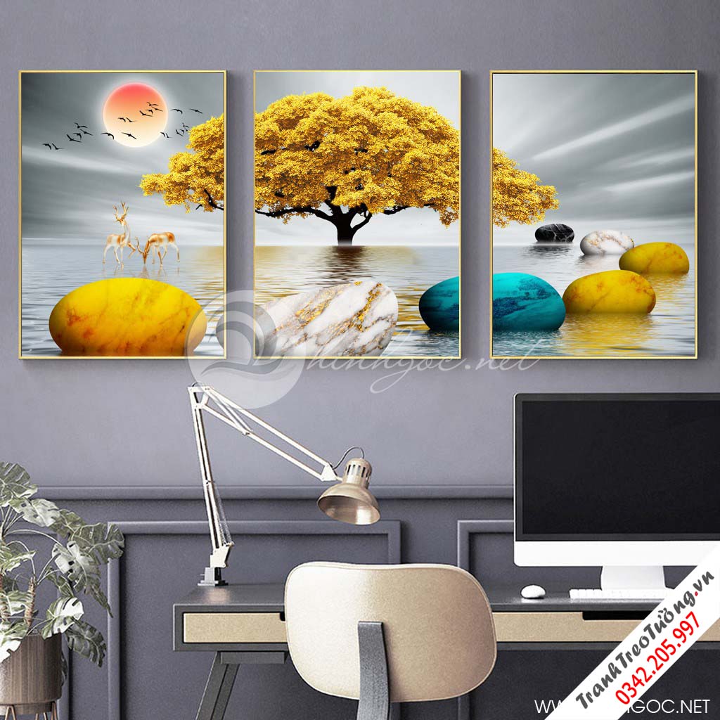 Tranh bộ 3 bức hòn đá cuội, cây tuần lộc vàng, hươu-SLH-75