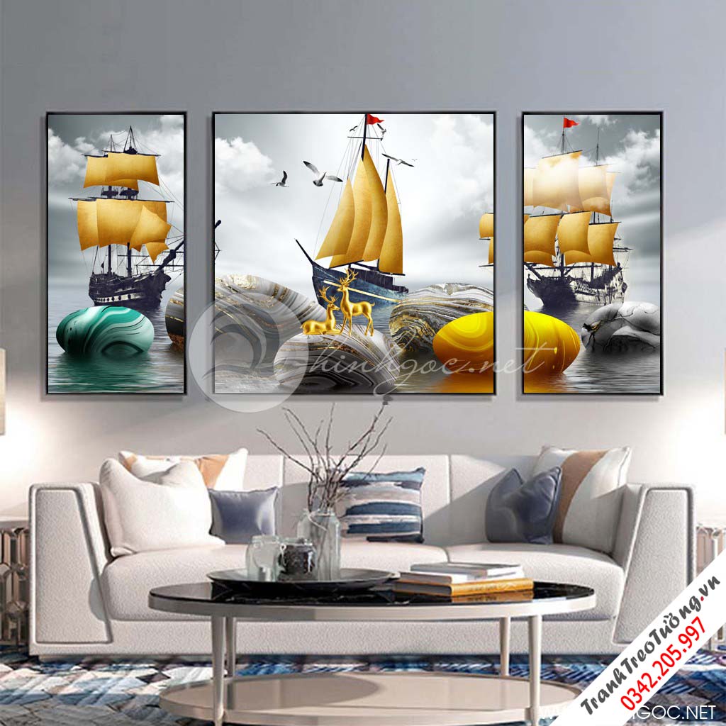 Tranh bộ 3 bức thuận buồm xuôi gió, đá cuội, hươu-SLH-76