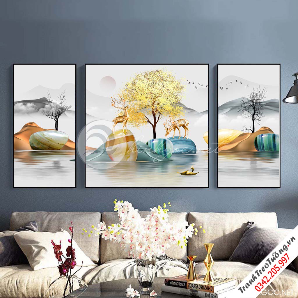 Tranh bộ 3 bức cây tuần lộc vàng, hươu, đá cuội-SLH-77