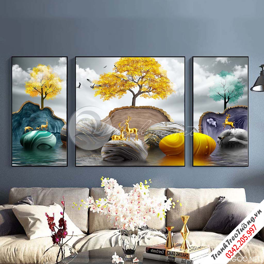 Tranh bộ 3 bức cây tuần lộc vàng, hươu, đá cuội-SLH-78