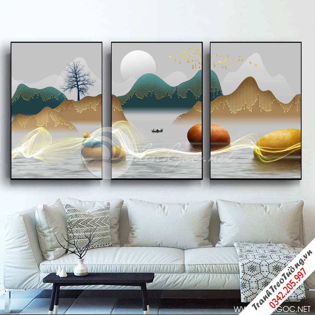Tranh bộ 3 bức dãy núi trùng điệp, cây, hươu vàng-SLH-79