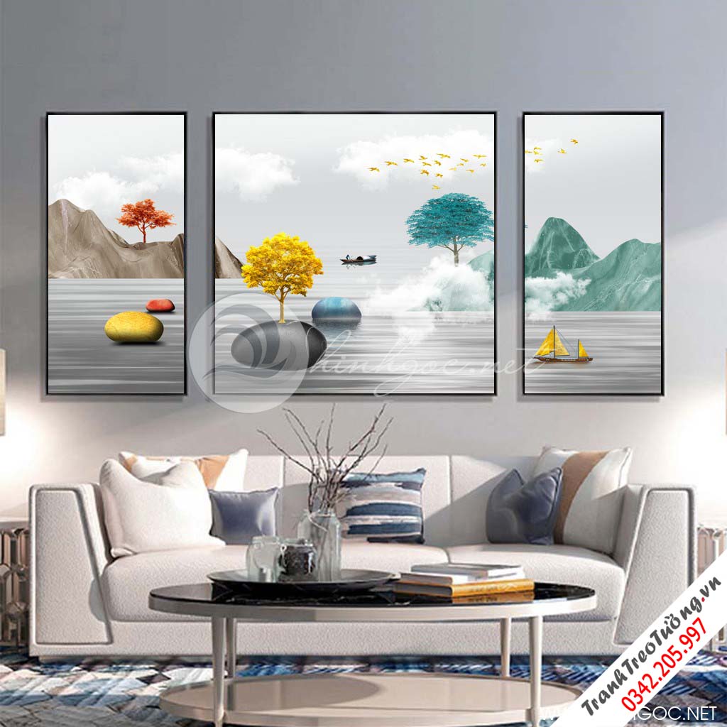 Tranh bộ 3 bức dãy núi trùng điệp, cây, hươu vàng-SLH-80