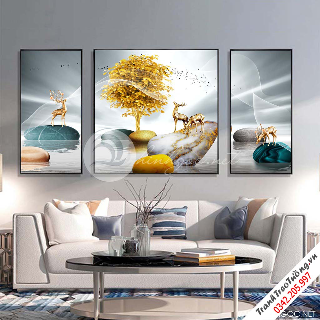 Tranh bộ 3 bức hươu đứng trên đá cuội và cây-SLH-82