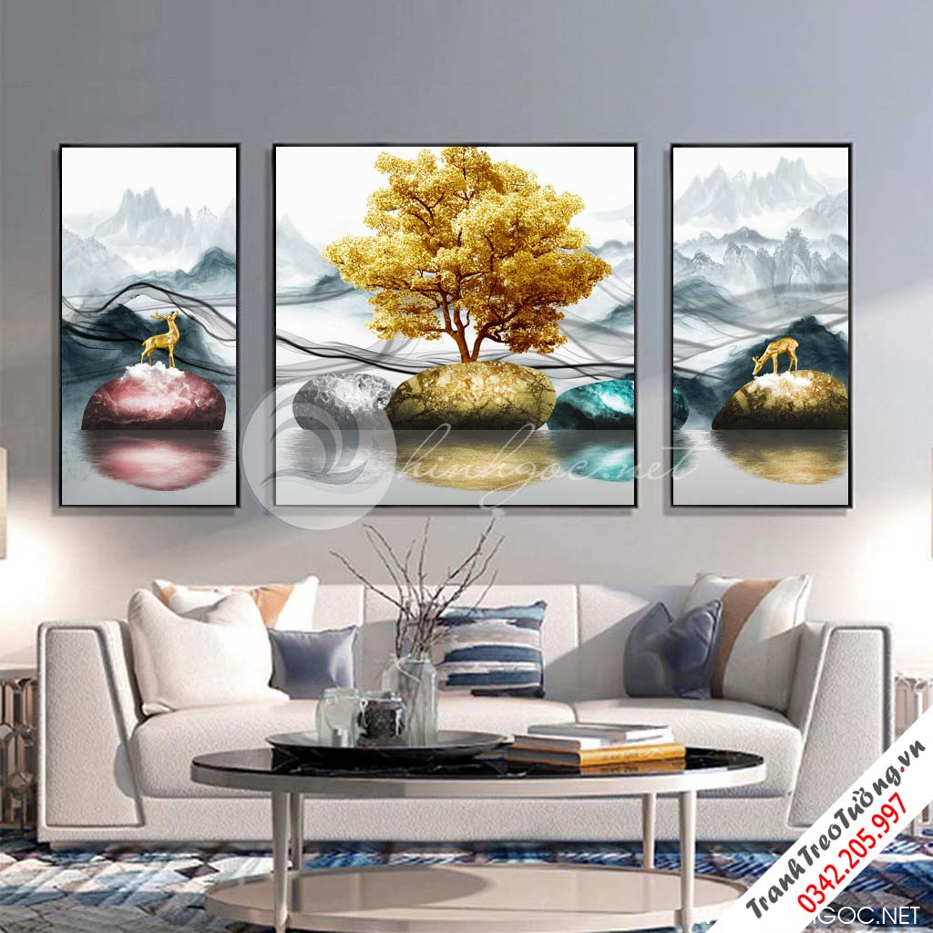 Tranh bộ 3 bức hươu đứng trên đá cuội và cây-SLH-83