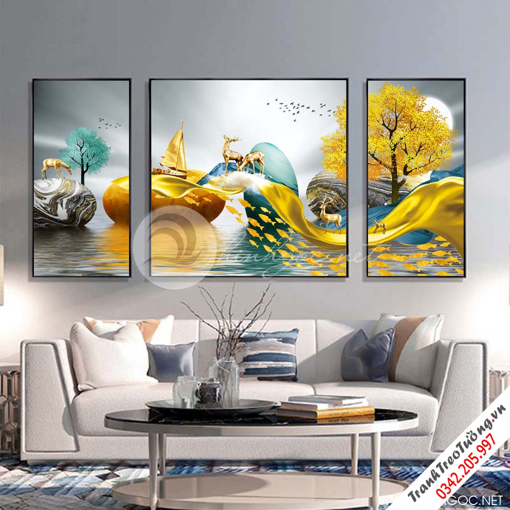 Tranh bộ 3 bức hươu đứng trên đá cuội và cây tuần lộc vàng-SLH-84