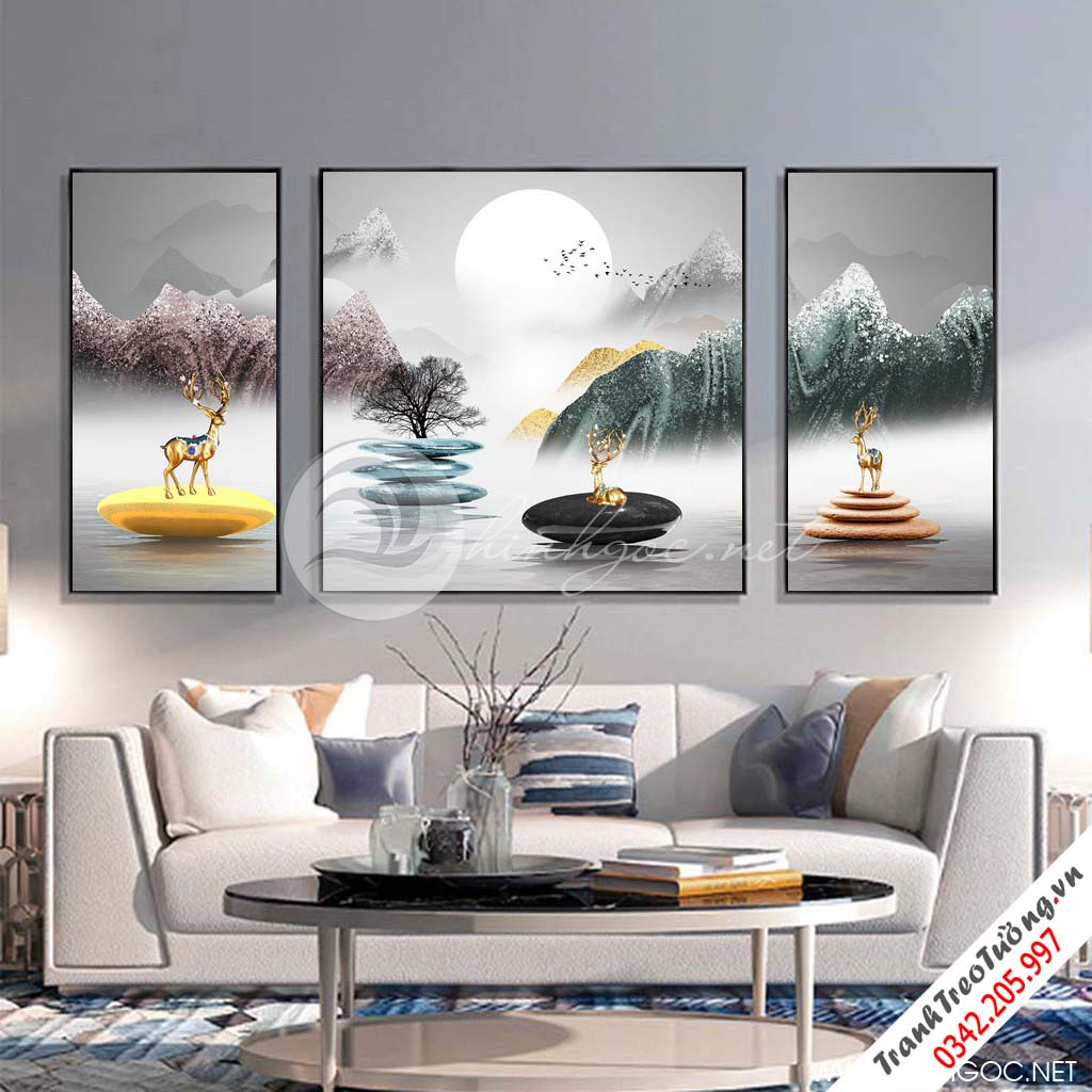 Tranh bộ 3 bức hươu đứng trên đá cuội và dãy núi-SLH-88
