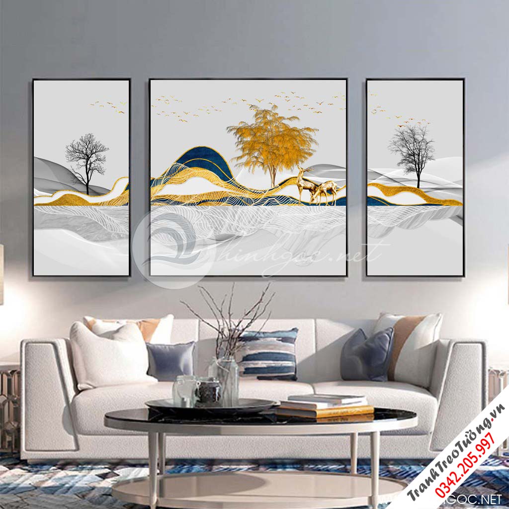 Tranh bộ 3 bức dải vân xanh và cây tuần lộc vàng-SLH-91