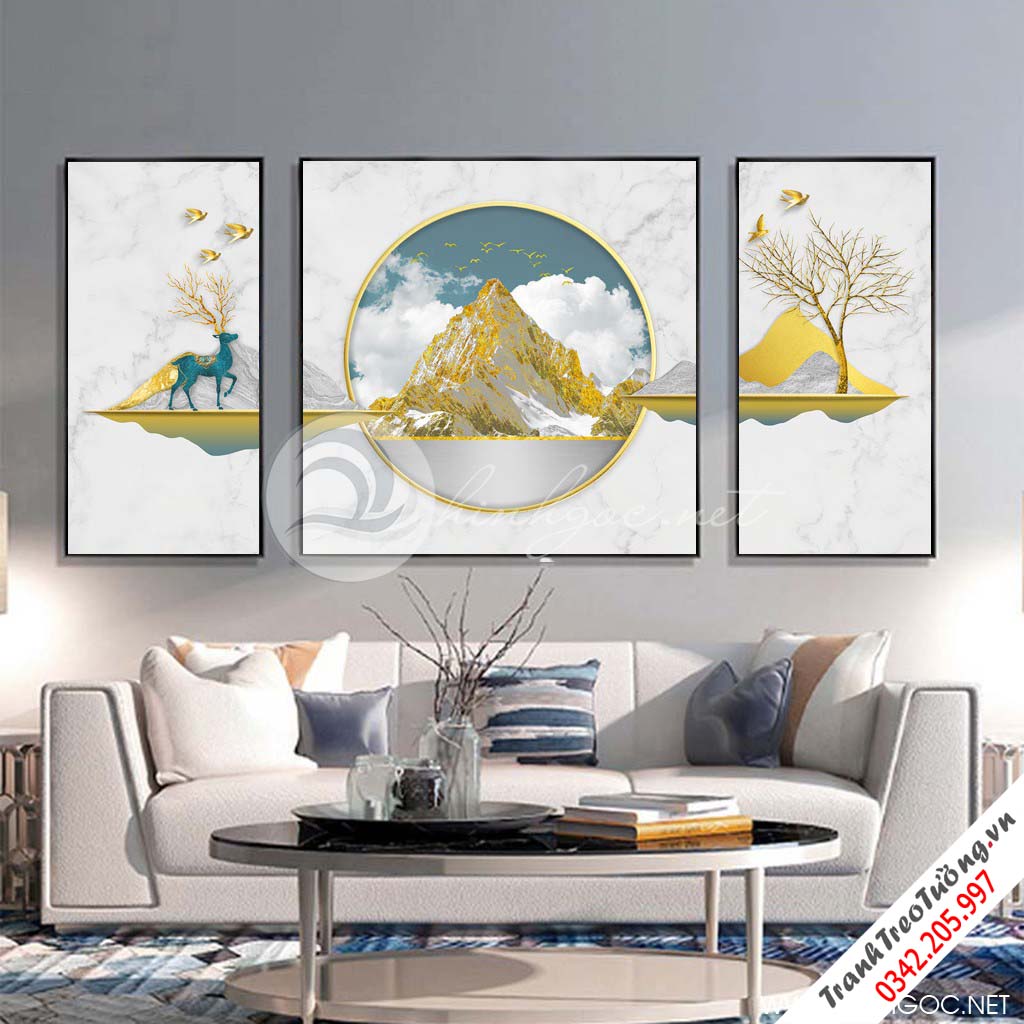Tranh bộ 3 bức dãy núi trùng điệp và cây tuần lộc vàng, hươu xanh-SLH-95