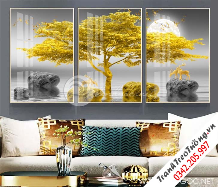 Tranh bộ 3 bức cây vàng và hươu-TDB05