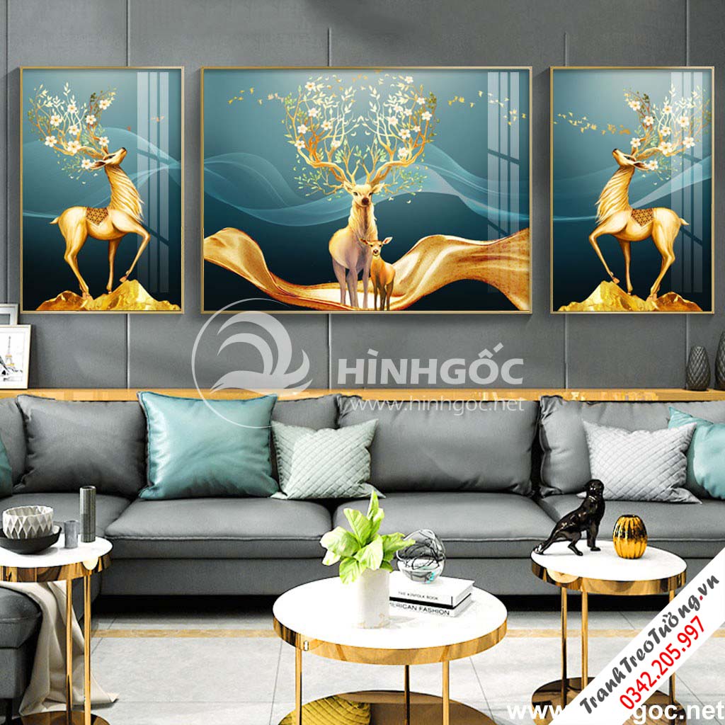 Tranh trừu tượng hươu và cây tuần lộc vàng-UT-185