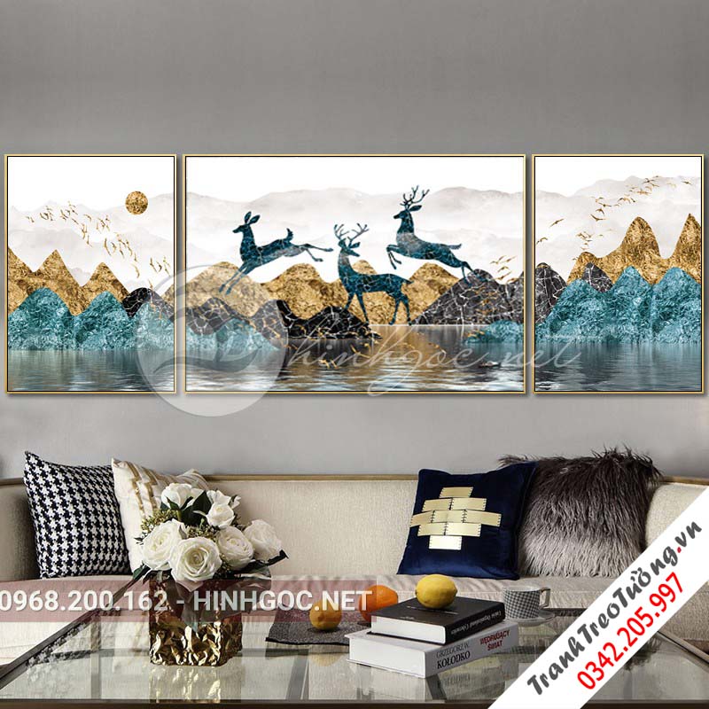 Tranh bộ 3 bức dãy núi trùng điệp và hươu-VBB-139