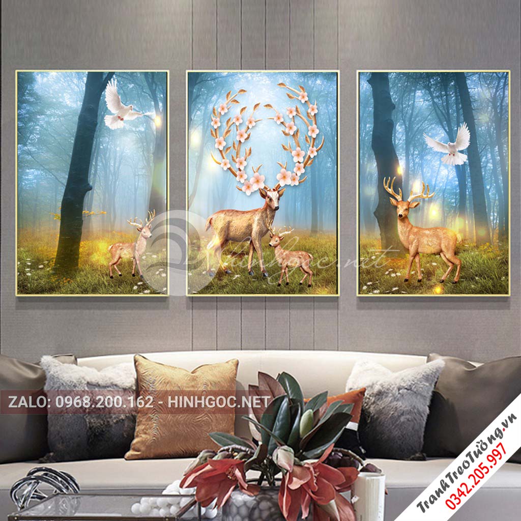 Tranh bộ 3 bức mẹ con nhà hươu sừng hoa-VBB-147