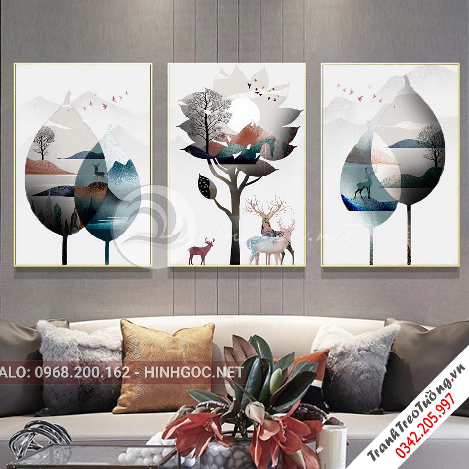 Tranh bộ 3 bức, lá cây nghệ thuận và hươu-VBB-154