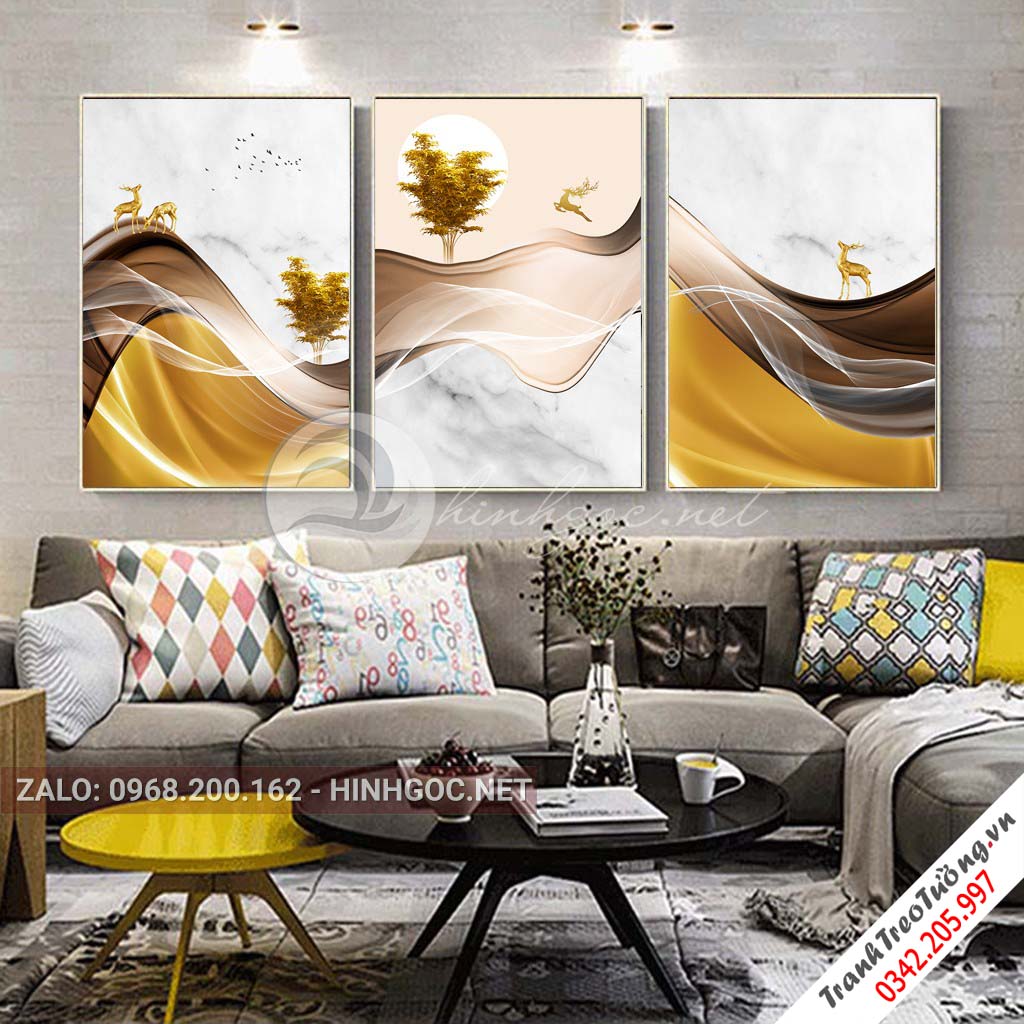 Tranh bộ 3 bức, trừu tượng dải vân, cây, hươu-VBB-170