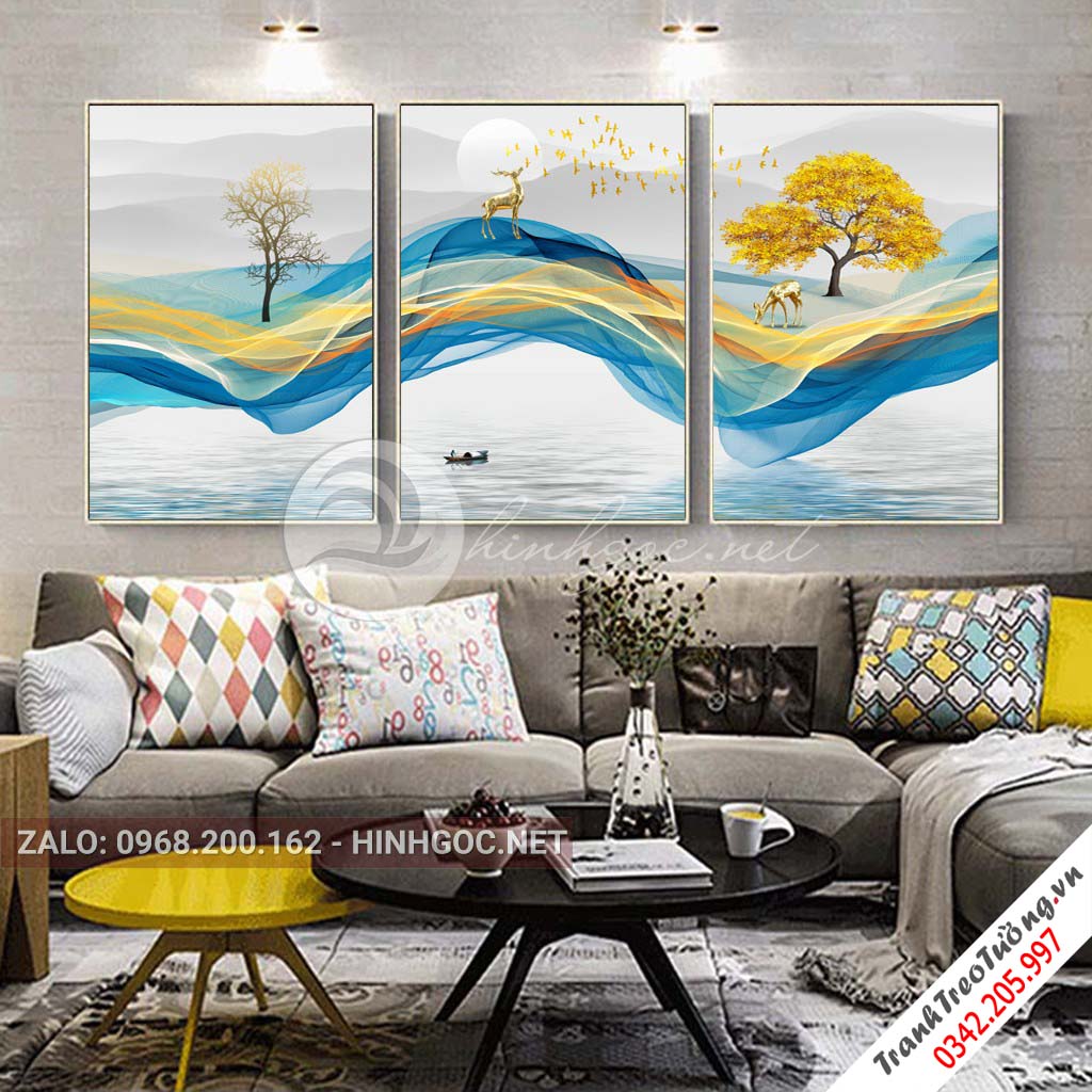 Tranh bộ 3 bức, trừu tượng dải vân, cây, hươu-VBB-171