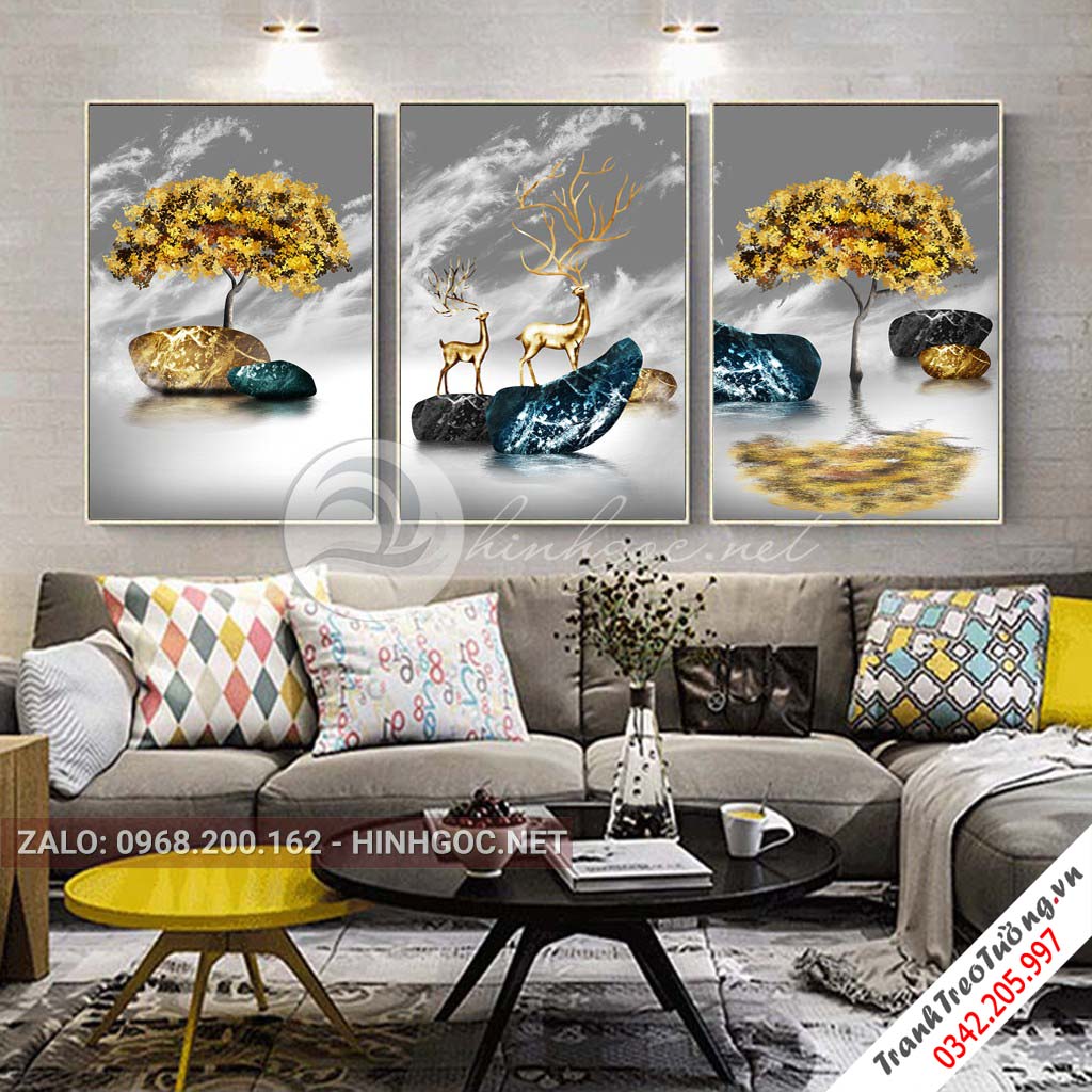 Tranh bộ 3 bức, hươu đứng trên đá cuội-VBB-172