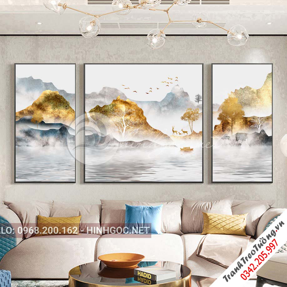 Tranh bộ 3 bức, sơn thủy hữu tình-VBB-173