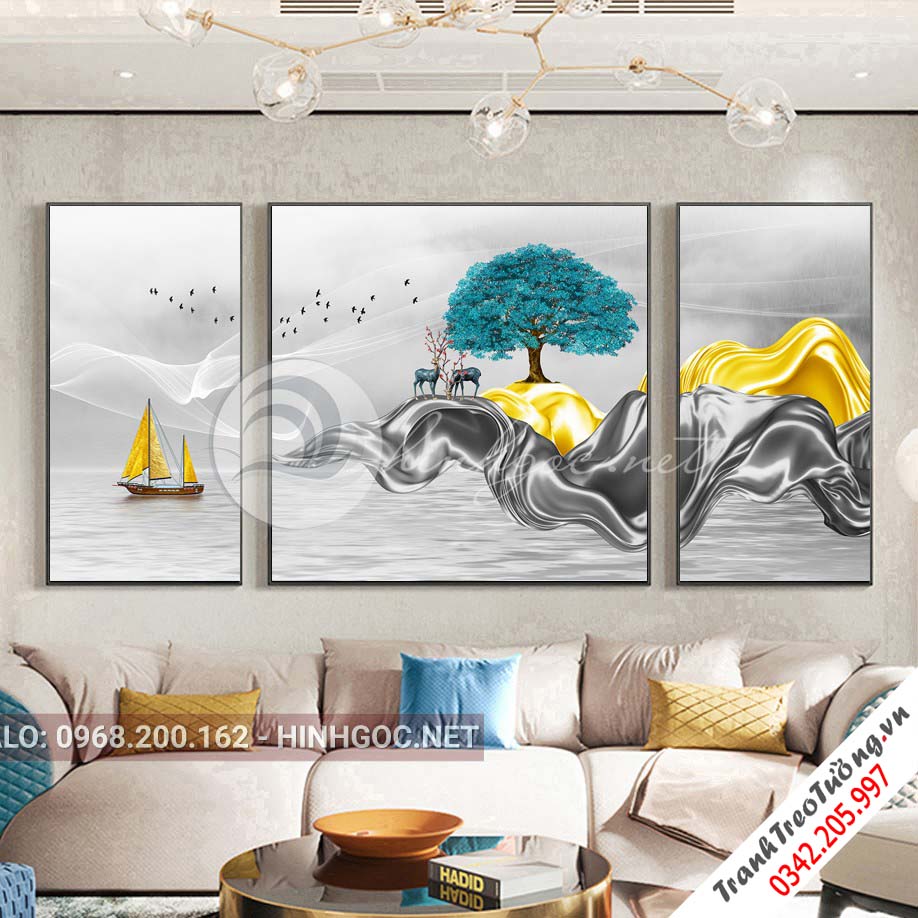 Tranh bộ 3 bức, hươu đứng trên dải vân-VBB-174