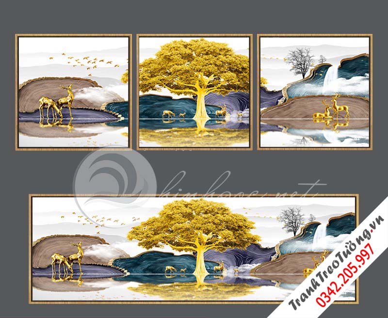 Tranh bộ 4 bức, hươu và cây tuần lộc vàng-VBB-175