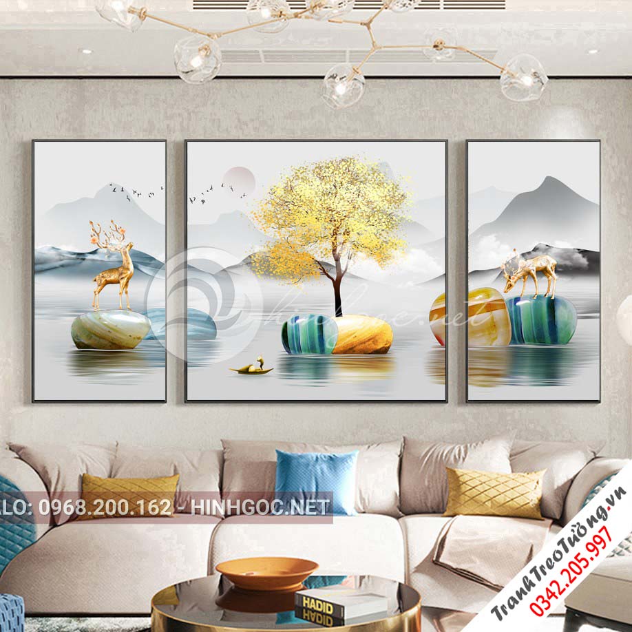 Tranh bộ 3 bức, hươu đứng trên đá cuội-VBB-178