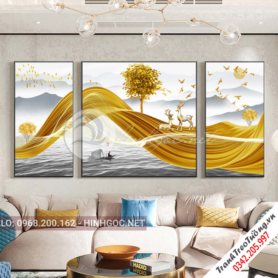 Tranh bộ 3 bức, hươu đứng trên dải vân vàng và cây tuần lộc-VBB-179