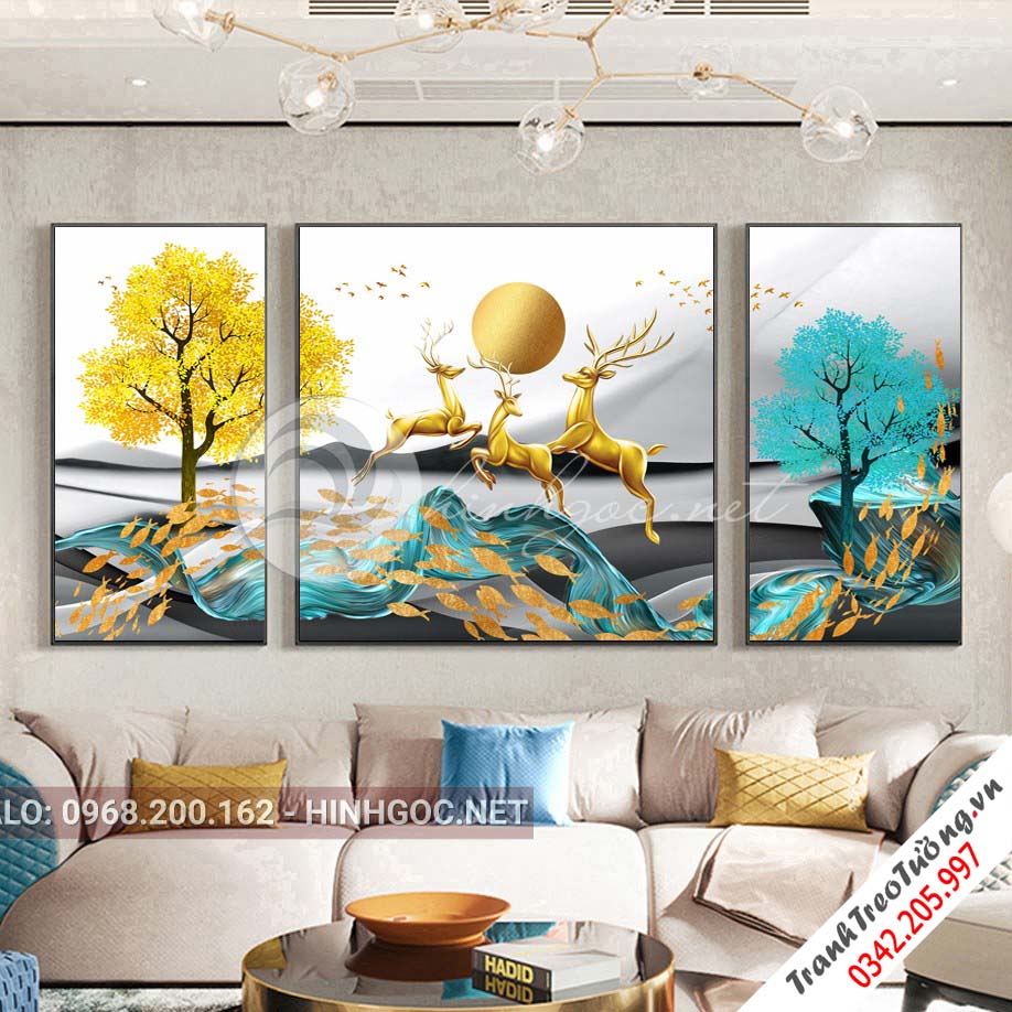 Tranh bộ 3 bức, hươu đứng trên dải vân, đàn cá vàng-VBB-180