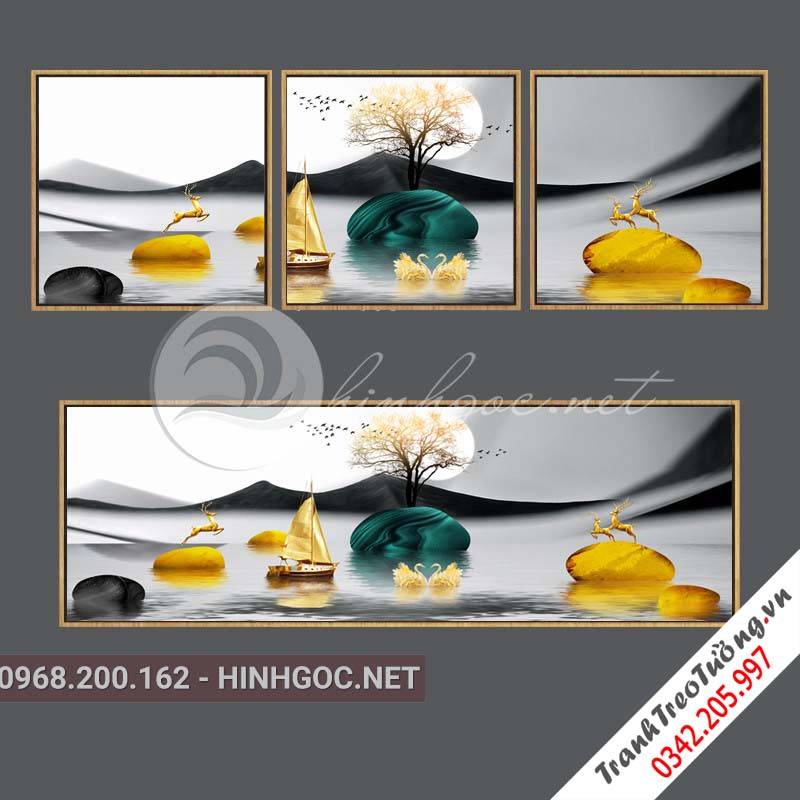 Tranh bộ 4 bức, hươu đứng trên đá cuội-VBB-181