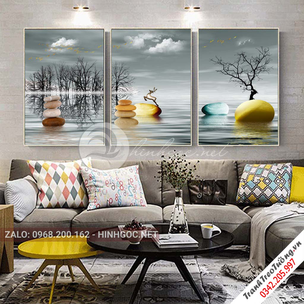 Tranh bộ 3 bức, hươu đứng trên đá cuội-VBB-182