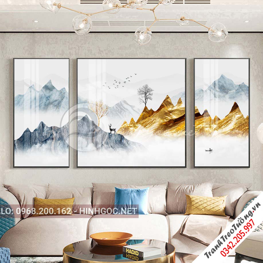 Tranh bộ 3 bức, hươu đứng trên núi trùng điệp-VBB-183