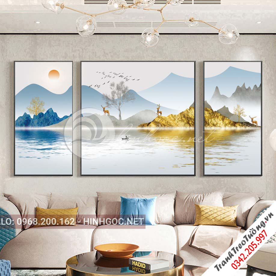 Tranh bộ 3 bức, hươu đứng trên núi trùng điệp-VBB-184