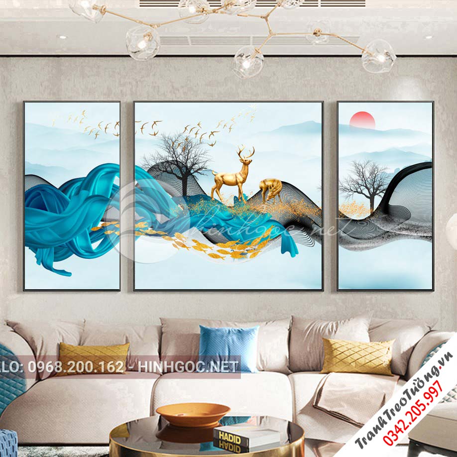 Tranh bộ 3 bức, hươu đứng trên dải vân-VBB-187