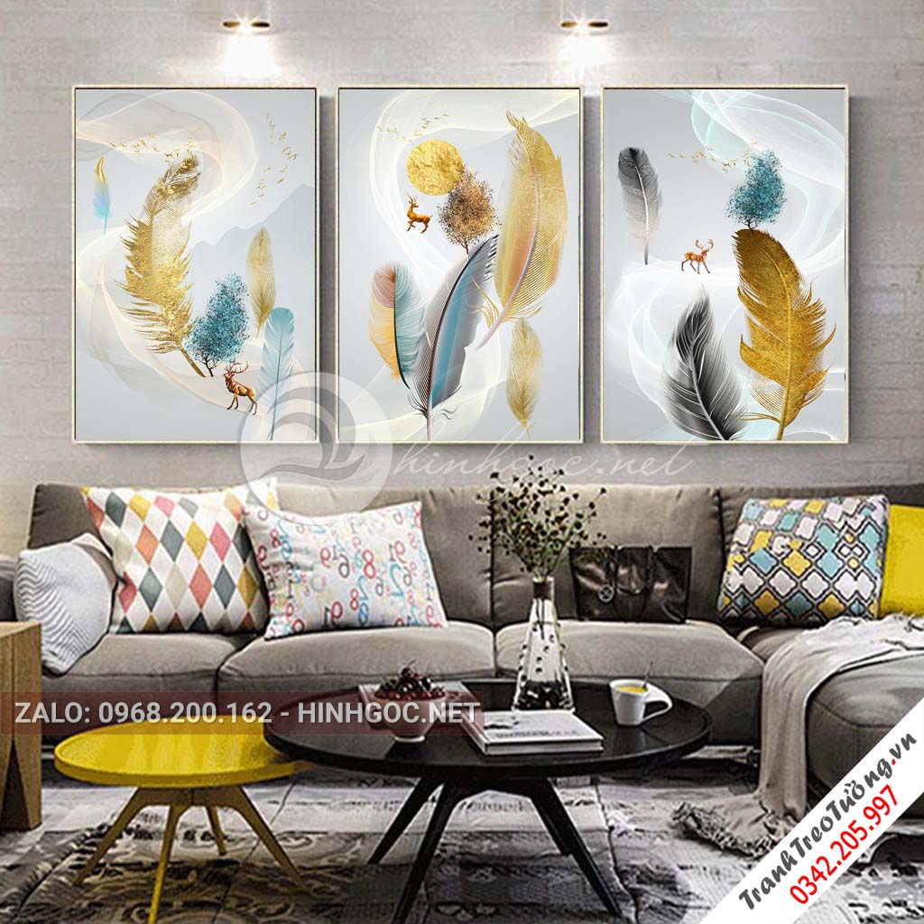 Tranh bộ 3 bức, lông vũ và hươu, cây tuần lộc-VBB-188