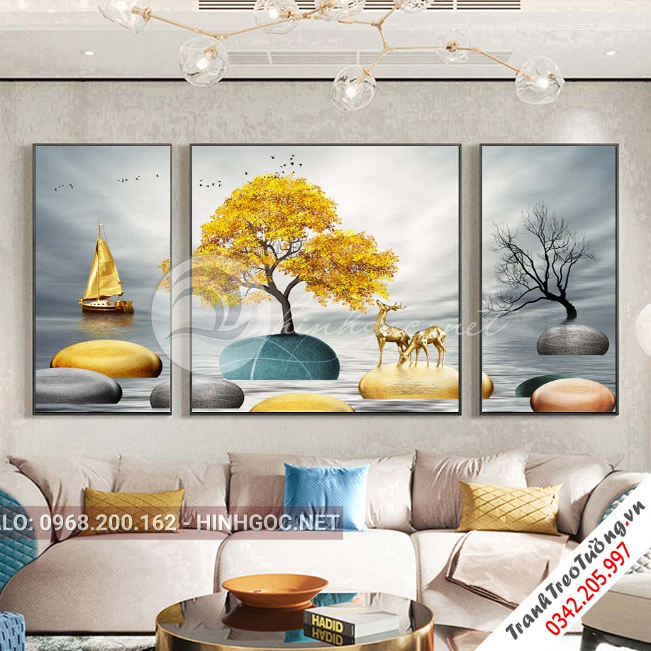 Tranh bộ 3 bức, hươu, cây mọc trên đá cuội-VBB-191