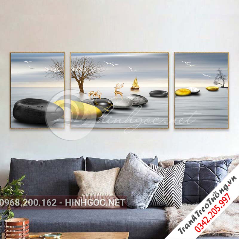 Tranh bộ 3 bức, hươu đứng trên đá cuội bên sông-VBB-198