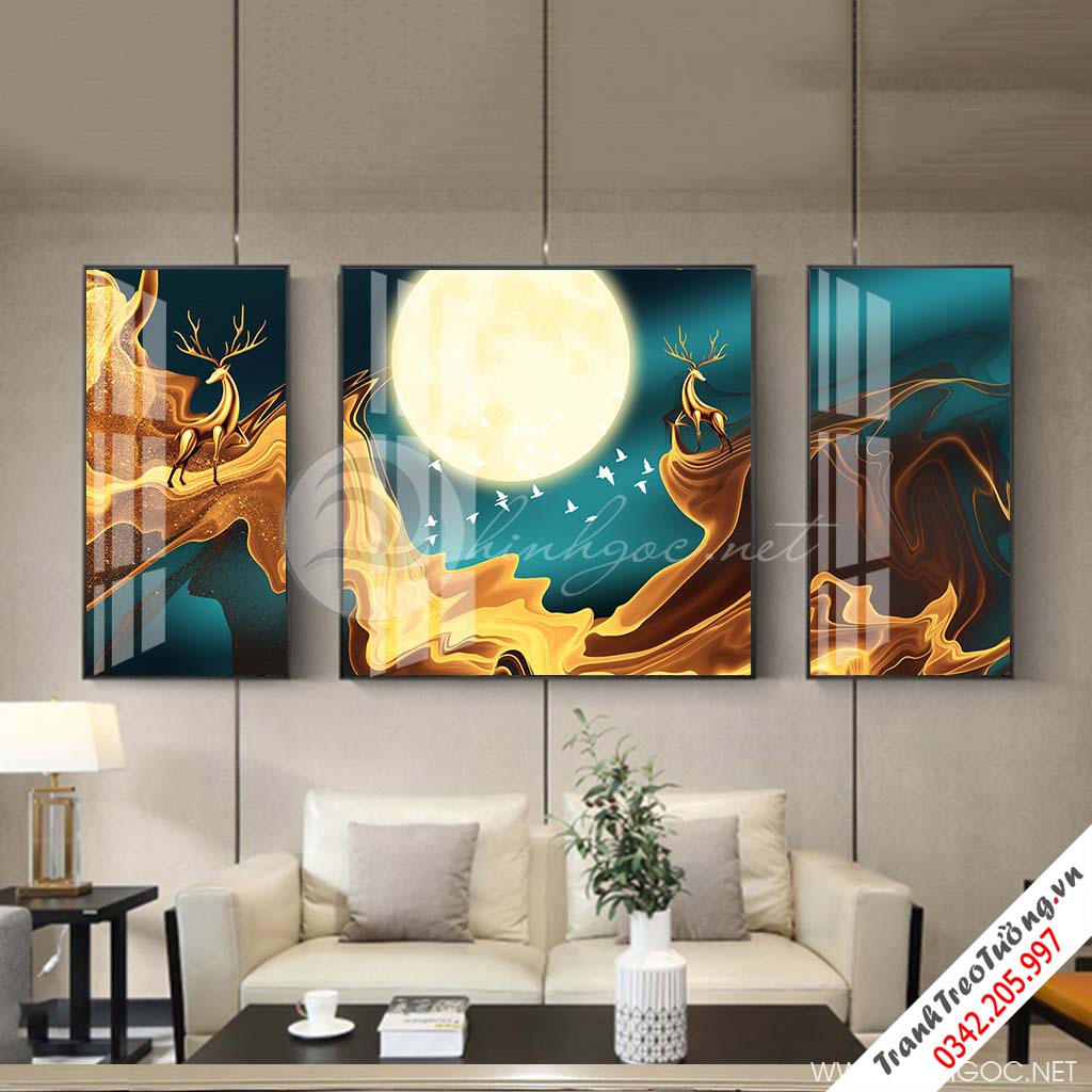 Tranh bộ 3 bức hươu vàng tuần lộc và dải vân vàng-VBB-29