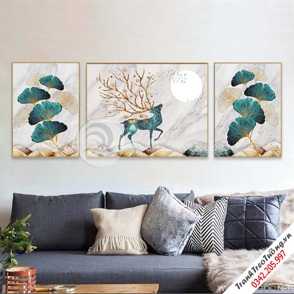 Tranh treo tường con hươu và cánh lá xanh-VBB-88
