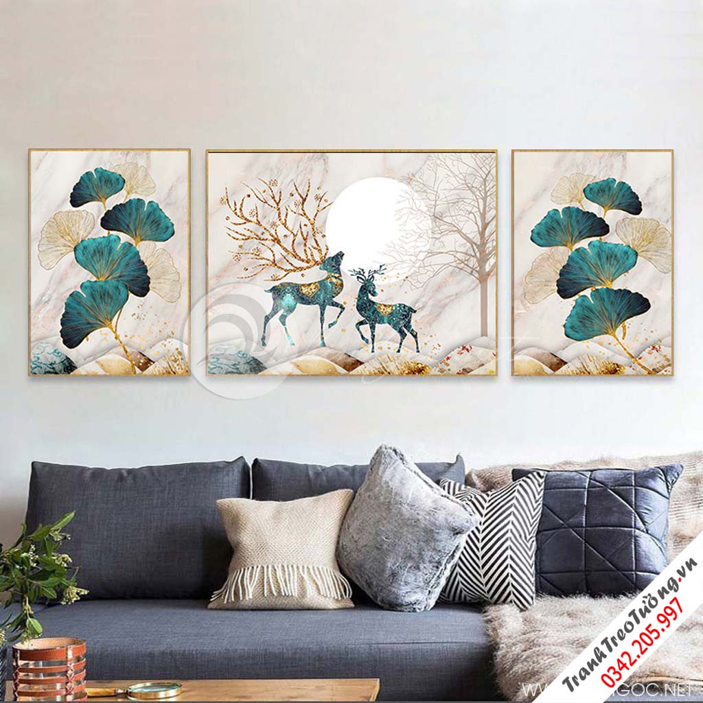 Tranh treo tường con hươu và cánh lá xanh-VBB-89